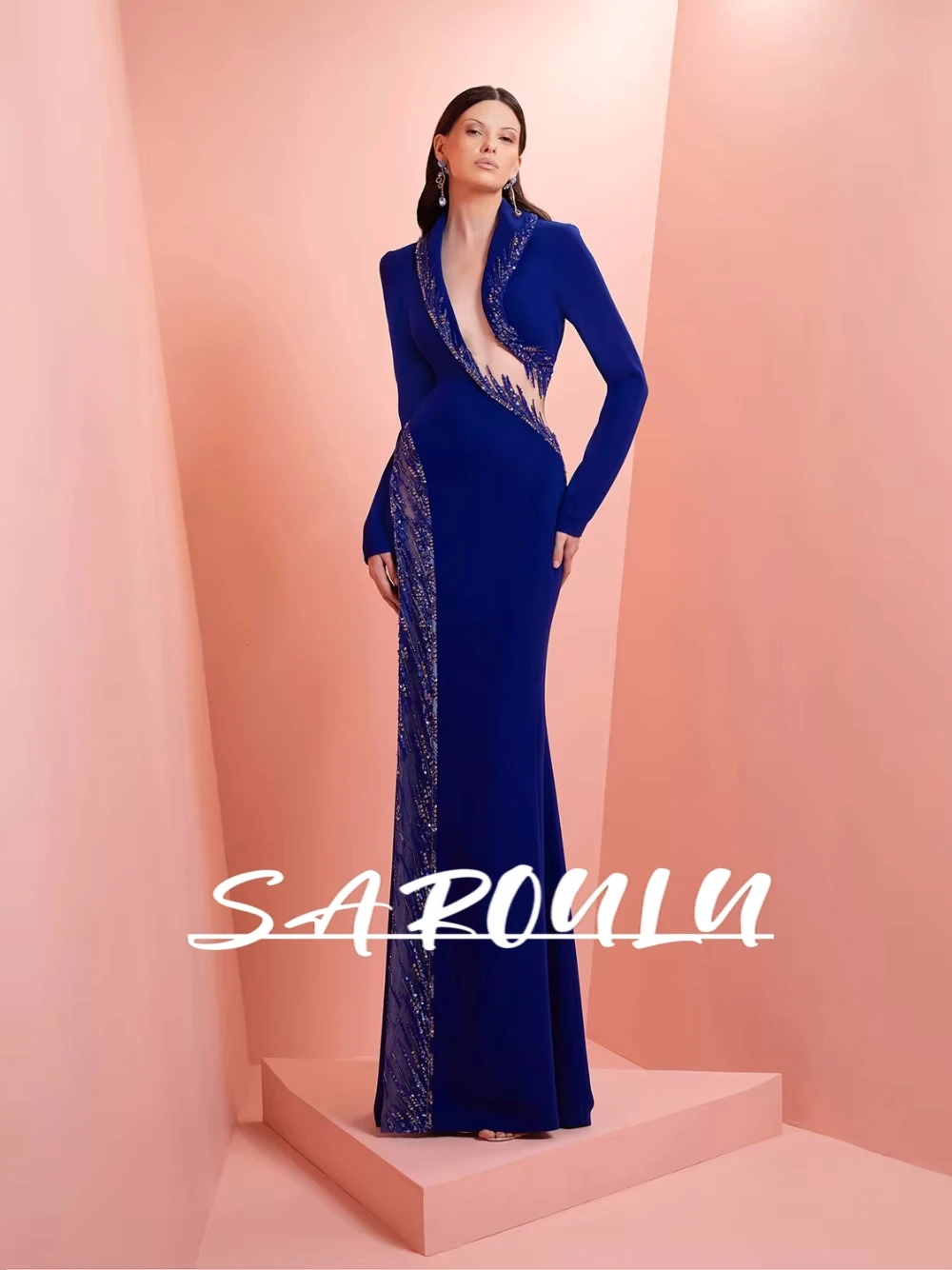 Chique azul real formal vestido de baile com miçangas intrincadas sedutor corte sexy manga comprida sereia festa brilhante vestido de noite