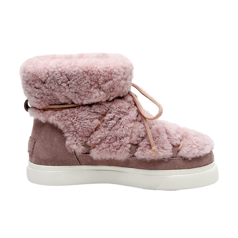 Women Ankle Boots SmallHut Winter Nature Suede Flat Shoes Elegant Ladies Beige Pink Lace Up Round Toe Wool Snow Boots