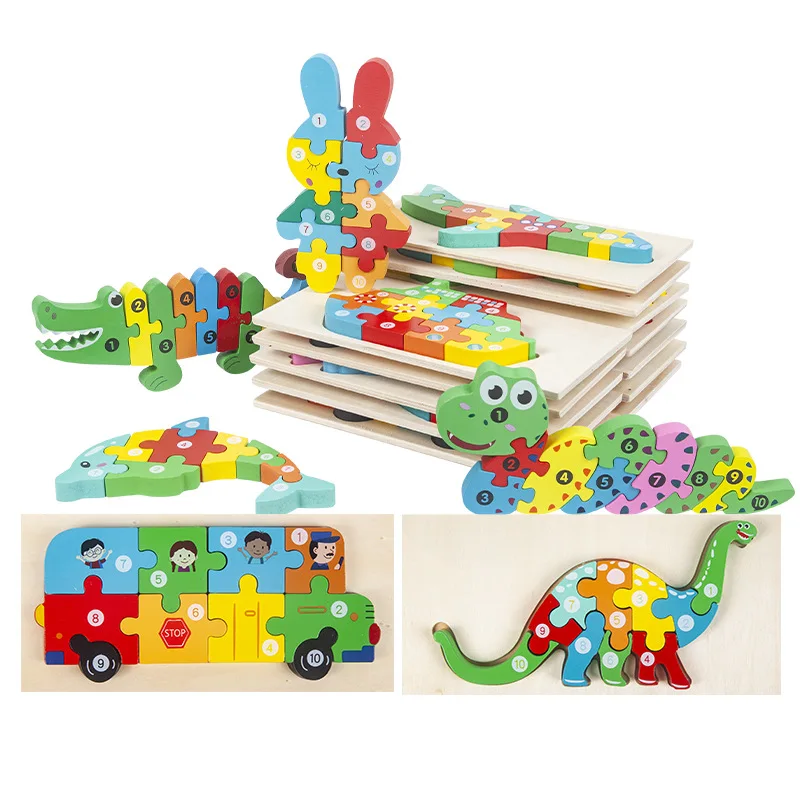 Interlocking Animals Shaped Numerical Puzzle Children Cat Dino Dinasor Car Rabbit Airplane Educational Toy Idea for Girl 2 Years