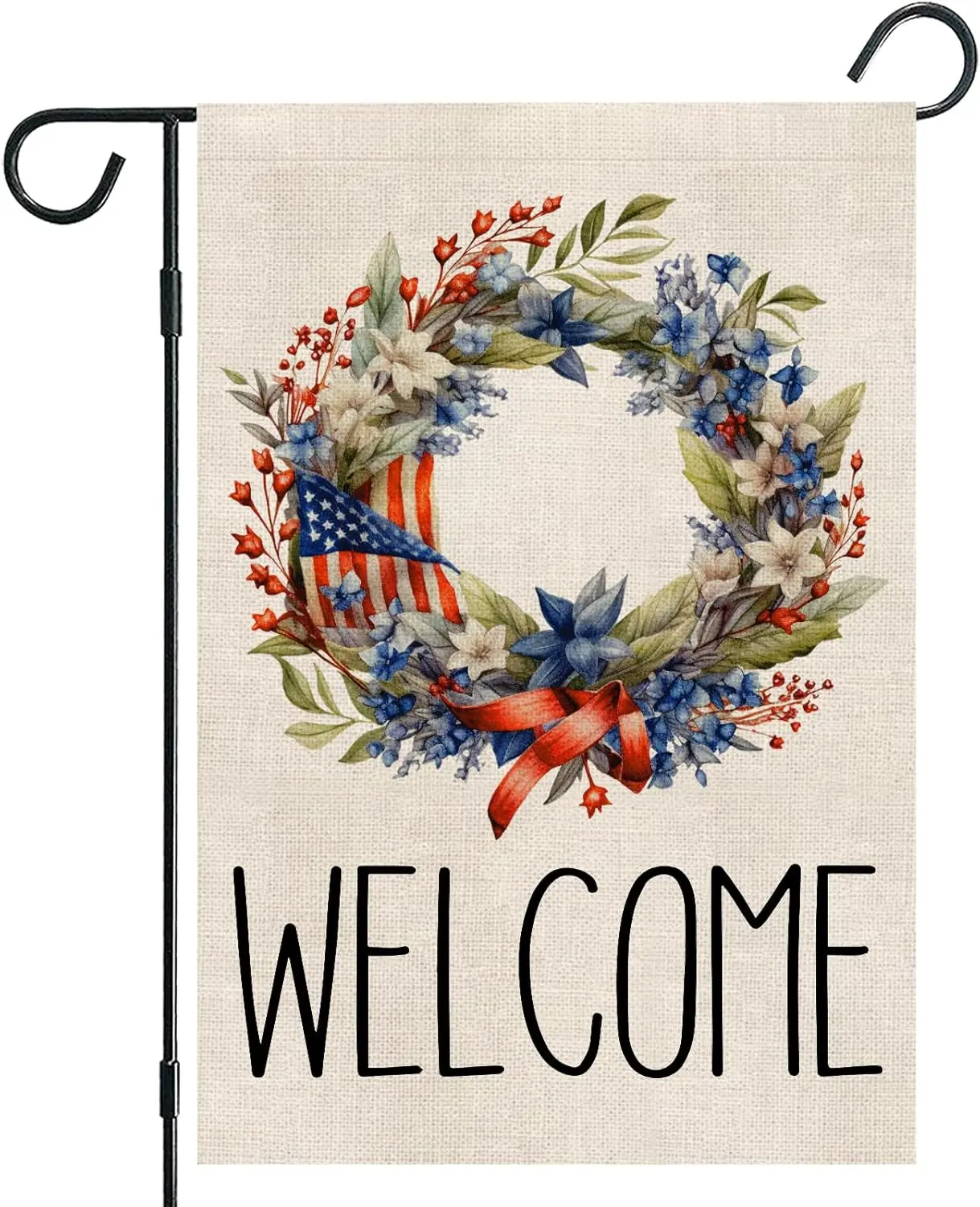 Patriotic Stars and Stripes Flowers Wreath Garden Flag 12 x 18 inch Small Double Sided Readable Yard Signs Vertical Burlap Welco