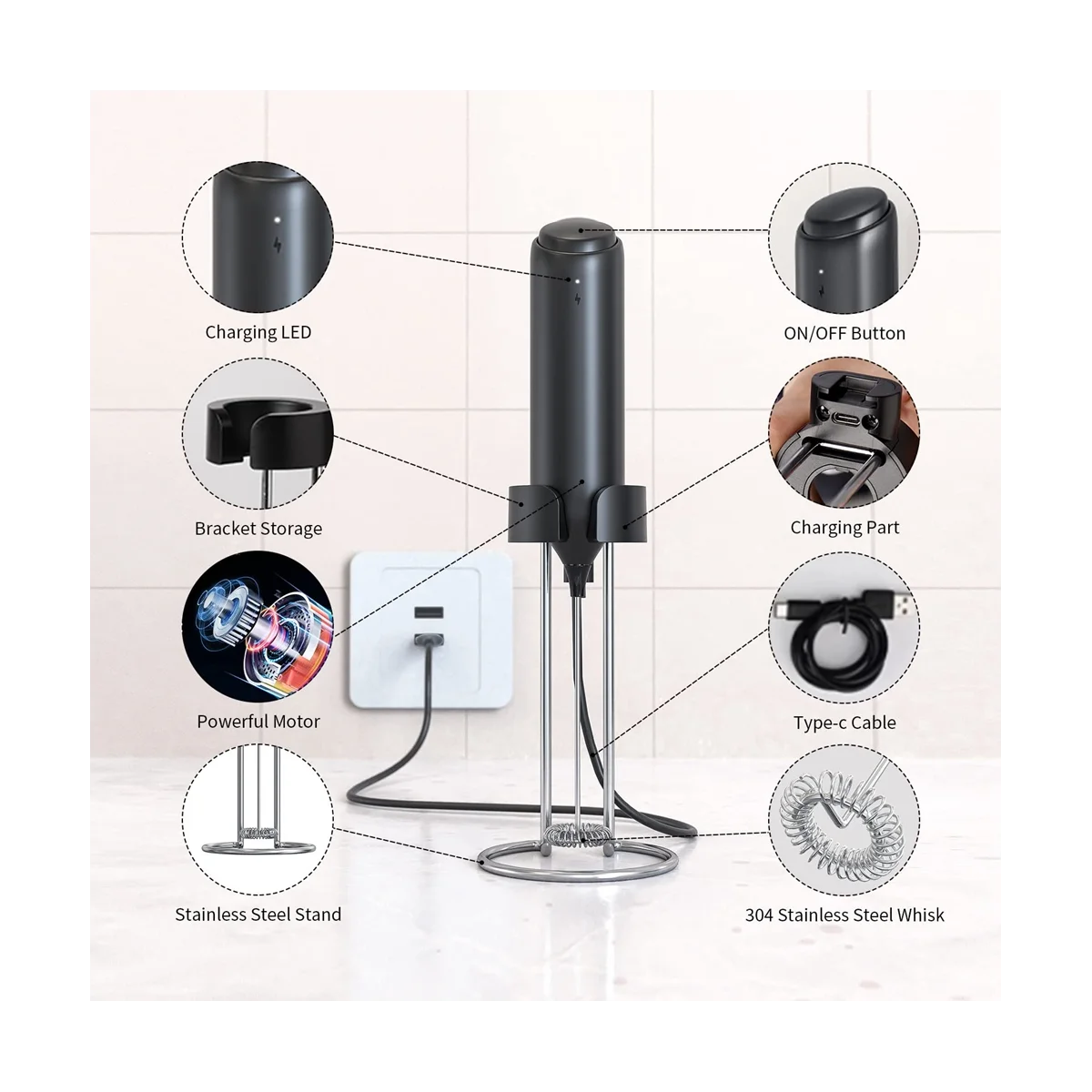 Rechargeable Milk Frother Handheld with Stand, Electric Coffee Frother, Electric Whisk, Portable Drink Mixer