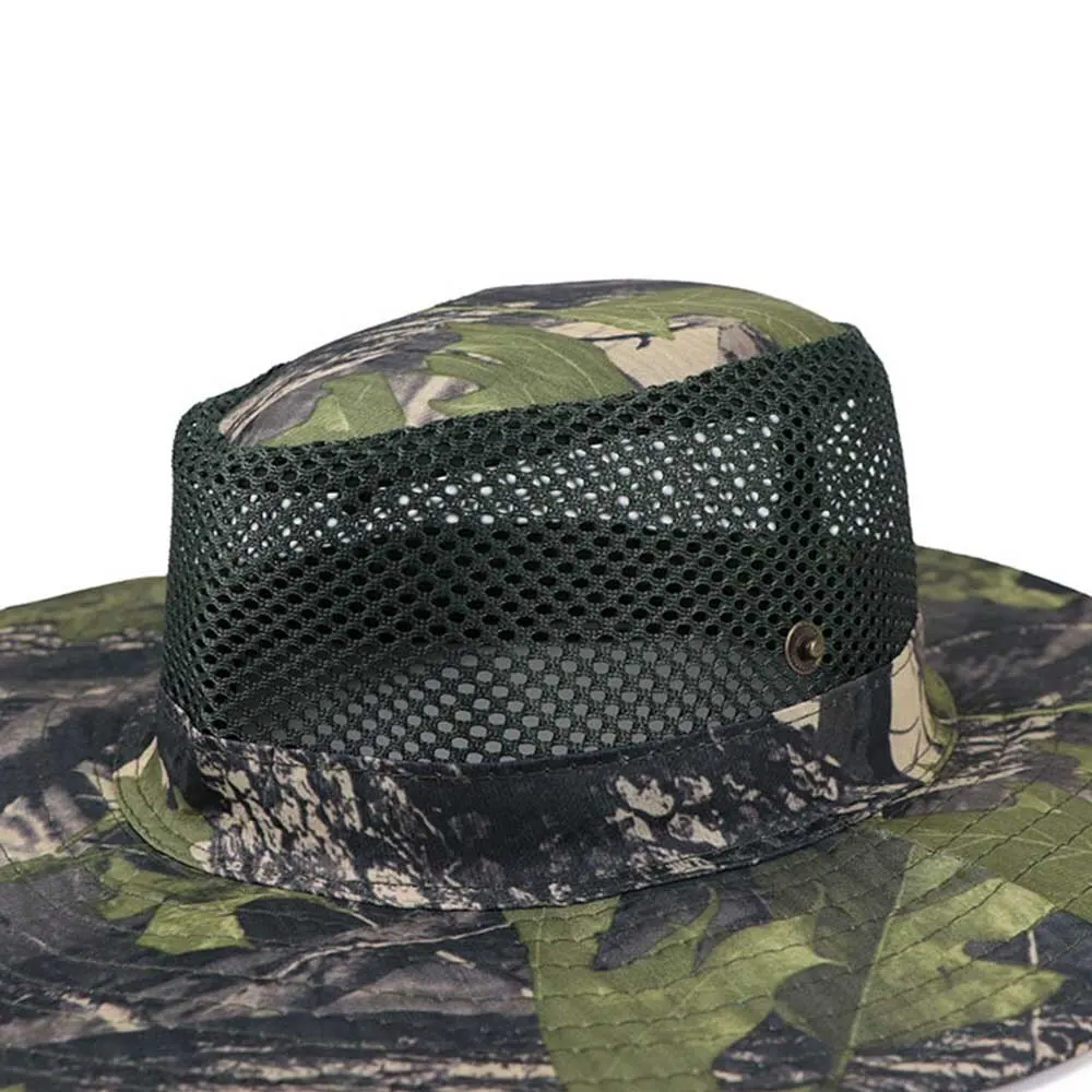 Outdoor Sunhat Hunting czapka wędkarska z szerokim rondem czapka przeciwsłoneczna siatka oddychający kamuflaż pozostawia kapelusz czapka