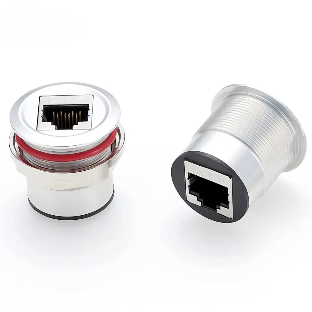 Cat6 RJ45 Female to Female Feedthru Round Panel Mount Adapter Aluminum Socket for Industrial Equipment Chassis Enclouser