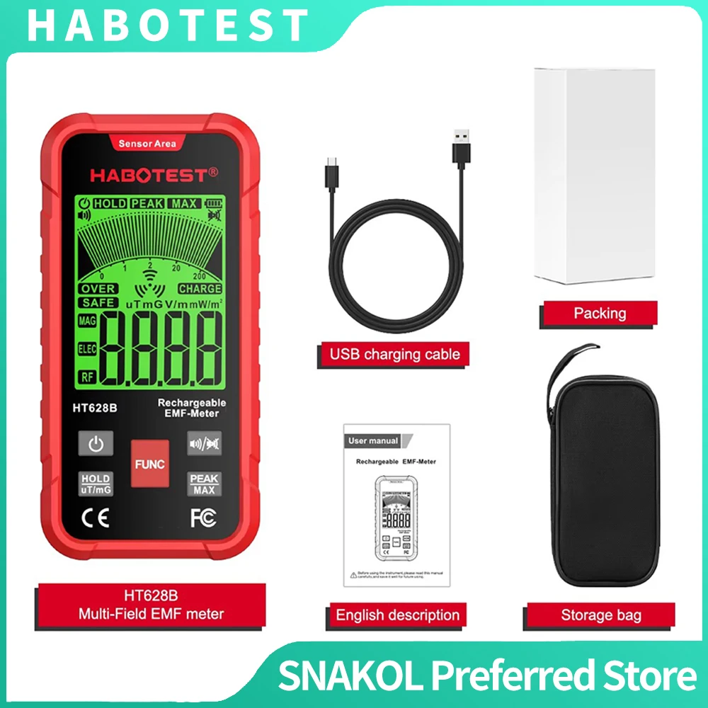 HABOTEST HT628B EMF Meter Electromagnetic Radiation Detector, Electric & Magnetic Field Tester, RF Radiation Frequency Checker