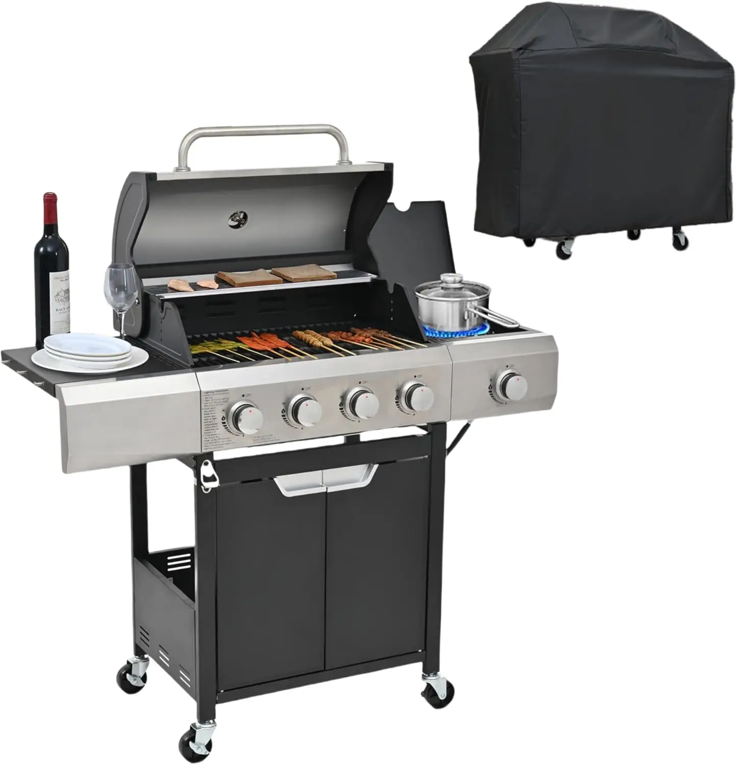 3 Burner Propane Gas Grill with Side Burner, 40500 BTU BBQ Grill w/Enameled Cast Iron Grates & Grids, Waterproof Cover