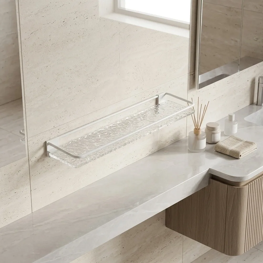 Wall Shelf for Bathroom or Kitchen - 30x10.5x11cm Tempered Glass Floating Tray No Drill Stainless Steel & Aluminum Build