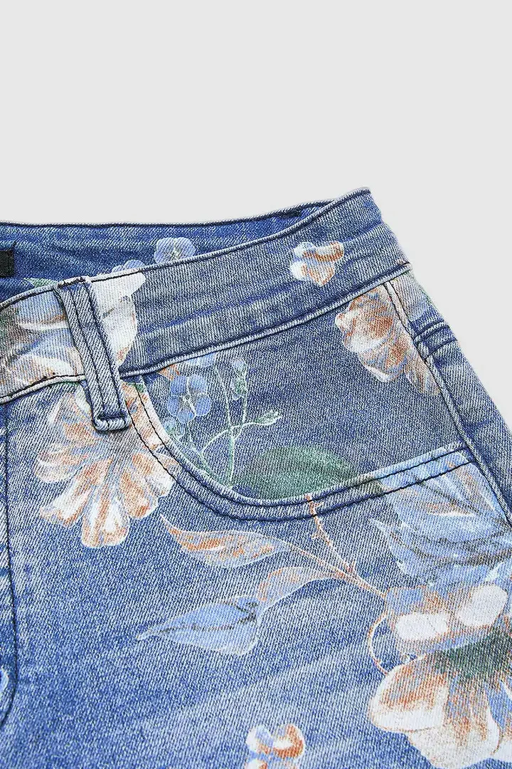 New for 2026: Women's Blue High-waisted Stretch Jeans, Vintage-style Loose-fit Wide-leg Denim Pants with A Floral Print.
