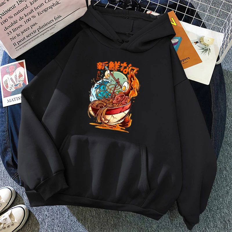 New Shwiy Men's Spring and Autumn Printing Letters Vintage Lamian Noodles Printing Pattern Patch Bag Sports Pullover Hoodie