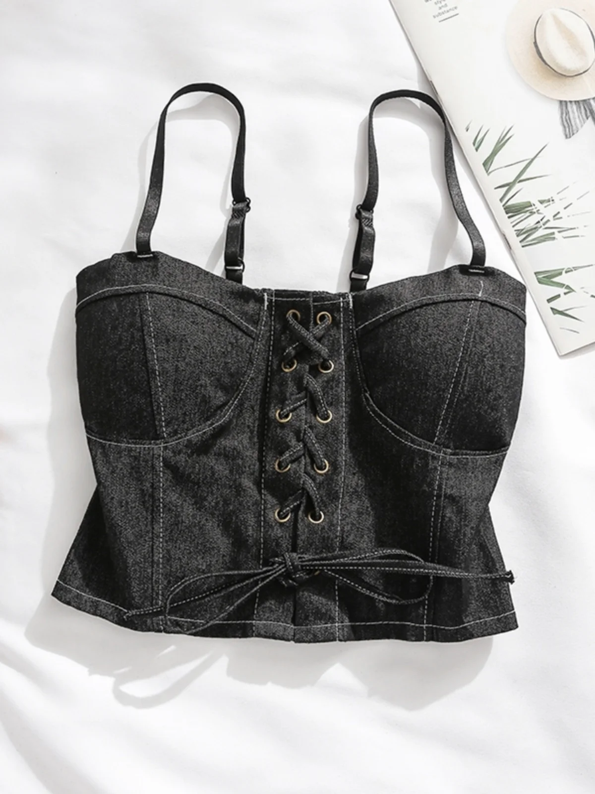 

Faionable Cross-Banded Denim Strap Top Women's Summer Outfit with Chest Pad ort Base Layer Spicy Little Vest irt