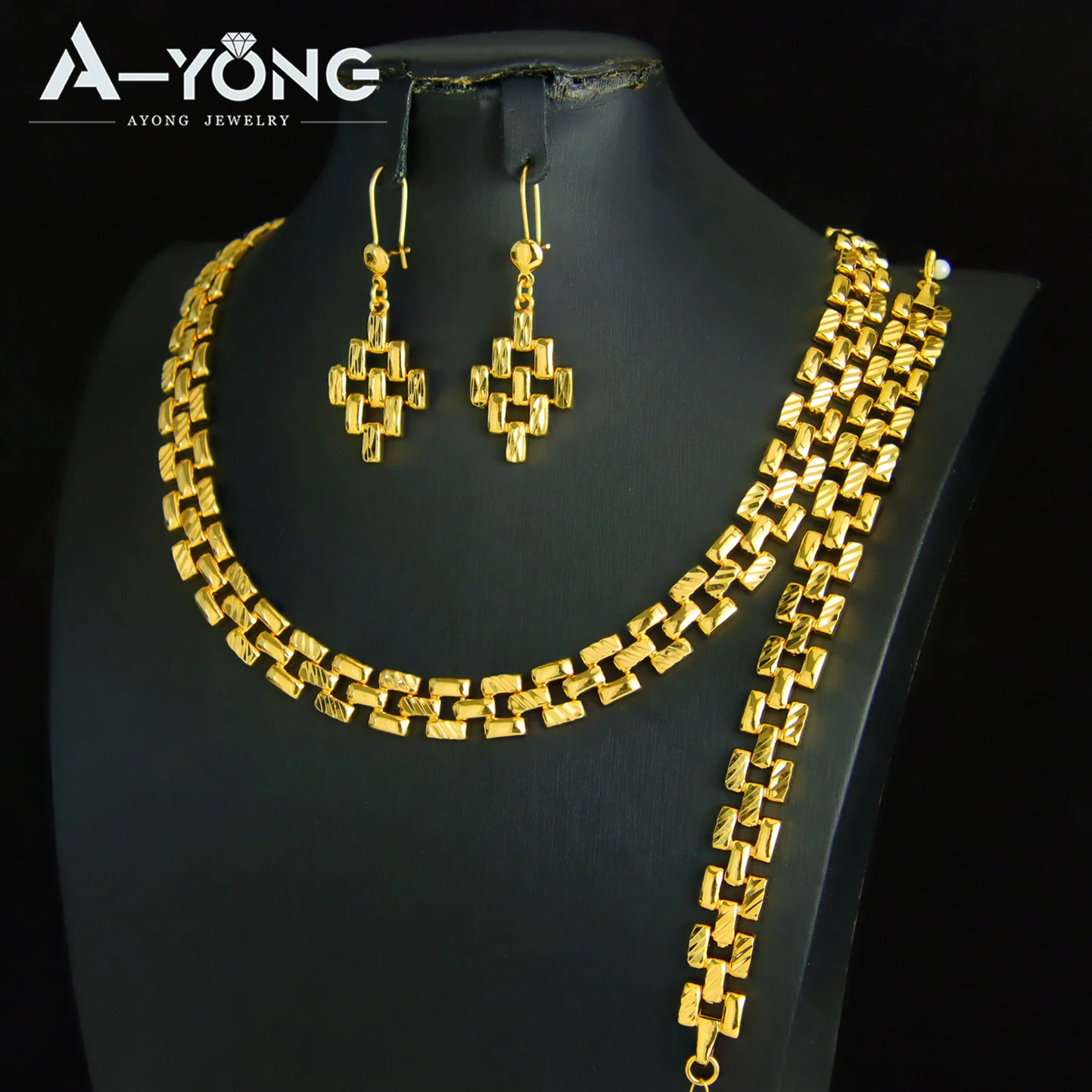 

Nigeria Wedding Jewelry Set 24k Gold Plated Dubai Fashion Bamboo Knot Design Necklace Middle Eastern Luxury Gold Jewelrys