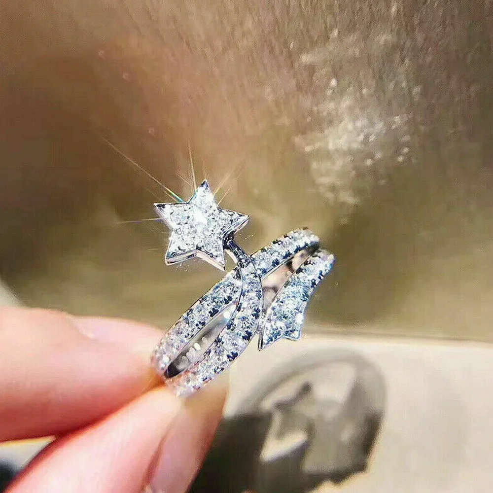 Fashion Female Rings 925 Sterling SIlver Five Point Star Inlaid Cubic Zircon Rings For Women Promise Love Wedding Band Jewelry