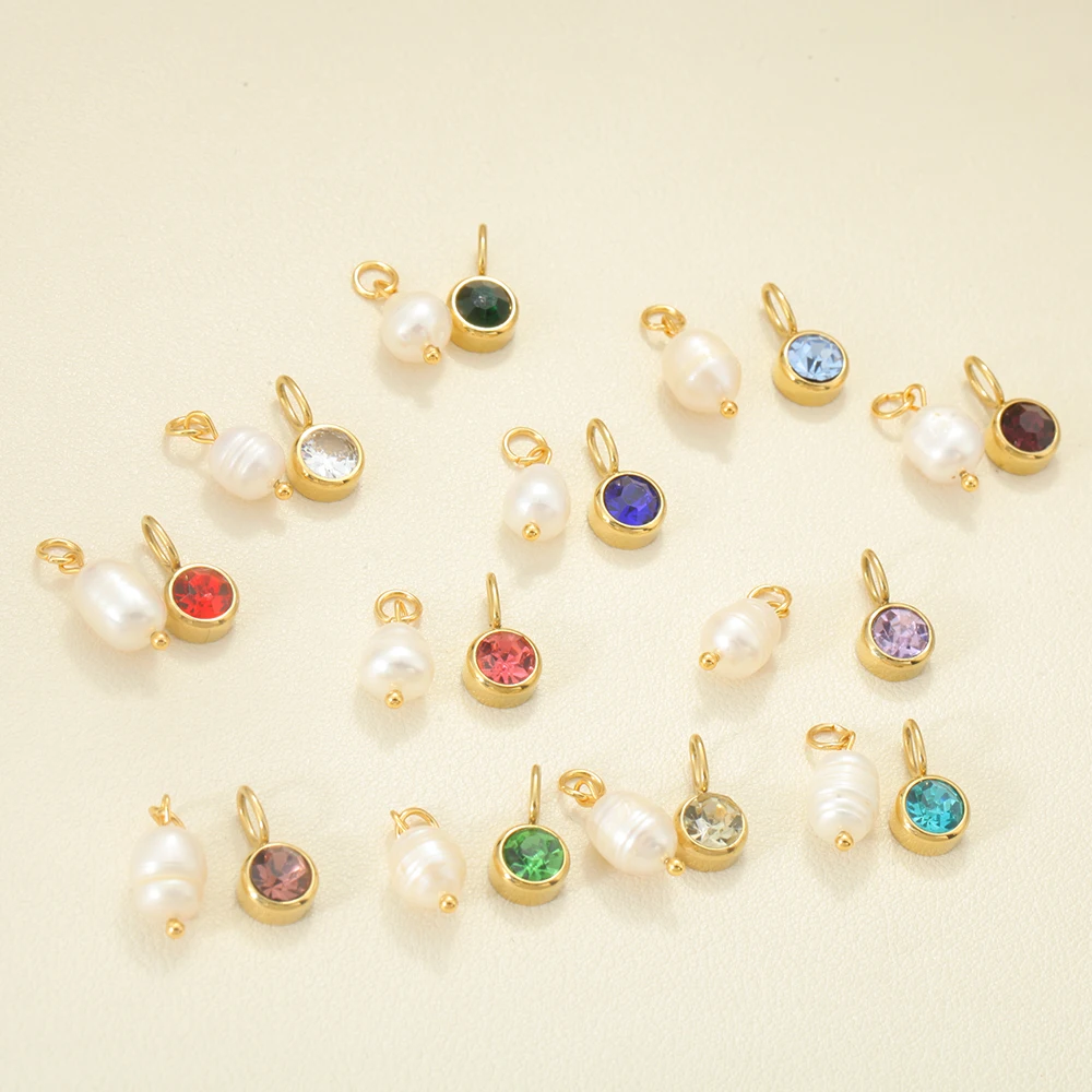 2PCS Golden Stainless Steel Pendant Freshwater Pearl 12 Birthstone Pendants Can Be DIY Necklace Bracelet Women\'s Jewelry Gifts