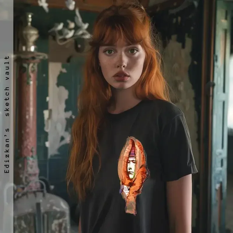 Hand Drawn Women's Face T Shirt Vinago by Ferhat Edizkan Unique Pop Art for Her or Him