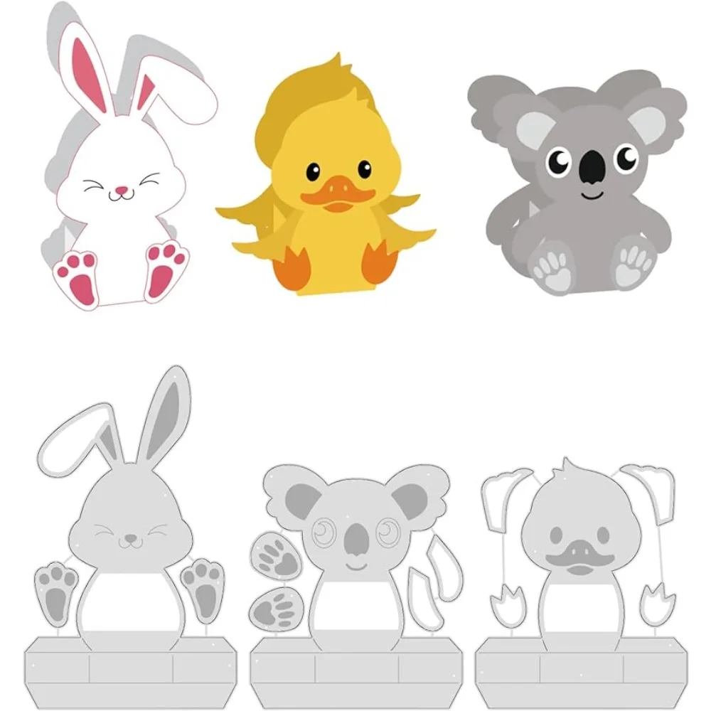 

3 Style 3D Animals Box Die Cut, Vintage Bunny Duck Koala Embossing Gift Box Template for Making Stencils, or Layered to Produce