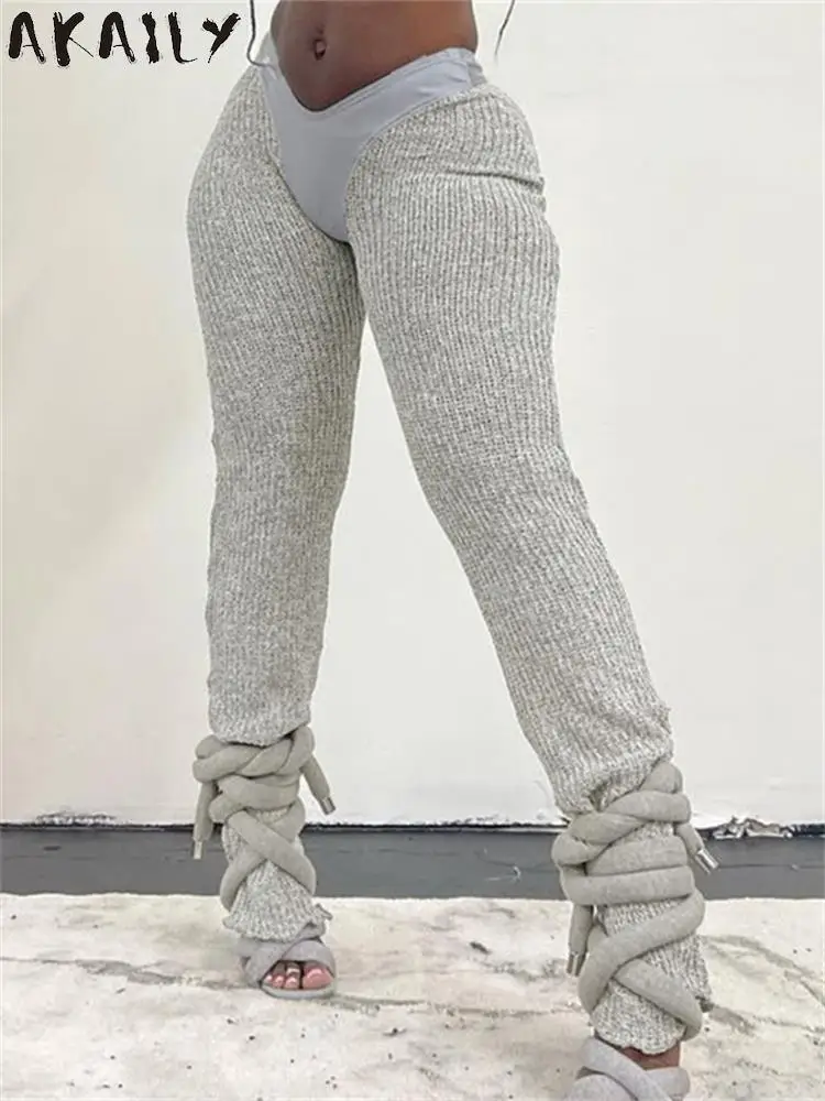 

Akaily Fall Winter Gray Low Waist Knit Leggings Pants Women 2023 Streetwear Patchwork Tight Trouser Causal fashion Crochet Pants