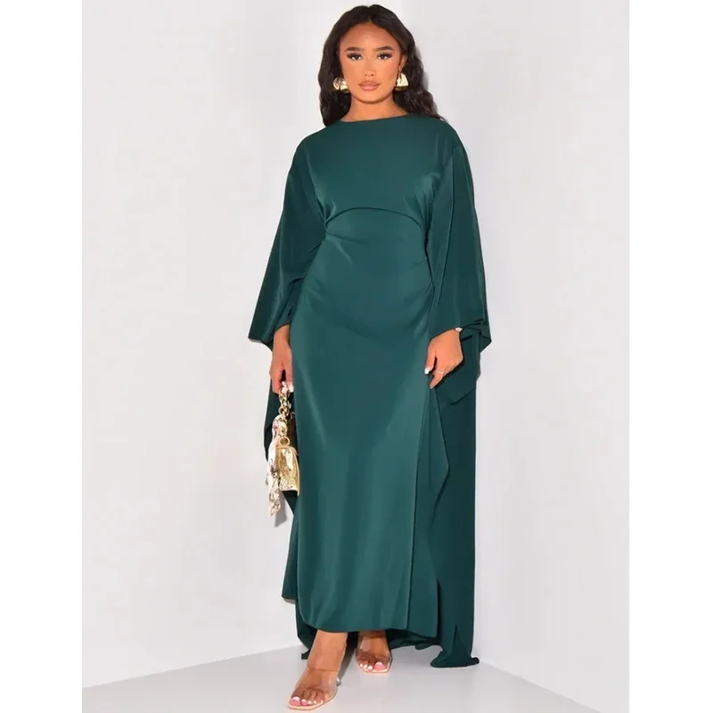 Autumn fashion satin party dress robe abaya Muslim women elegant solid round neck bat sleeves loose maxi dress women