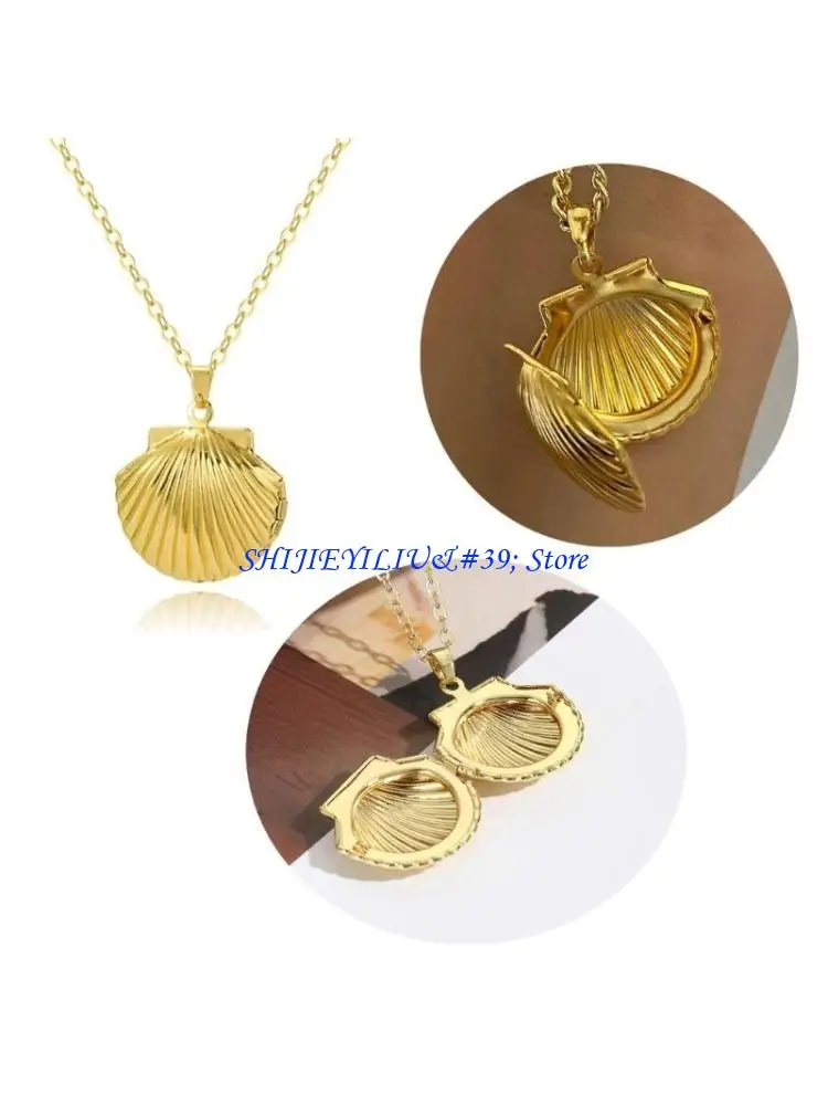 E21F Women Sea Shells Charm Necklace DIY Photo Compartment Pendant Collarbone Chain