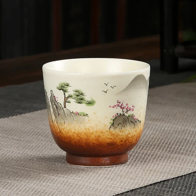 Vintage coarse pottery teacup single cup large handmade Japanese ceramic kung fu tea set sample tea cup hand-painted wood
