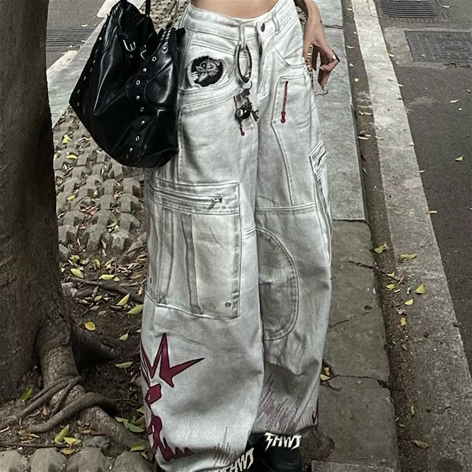 

Y2K Women's High Waist Wide Leg Light Gray Washed Jeans Red Graphic Print Multi - Pocket Vintage Punk Streetwear Denim Trousers