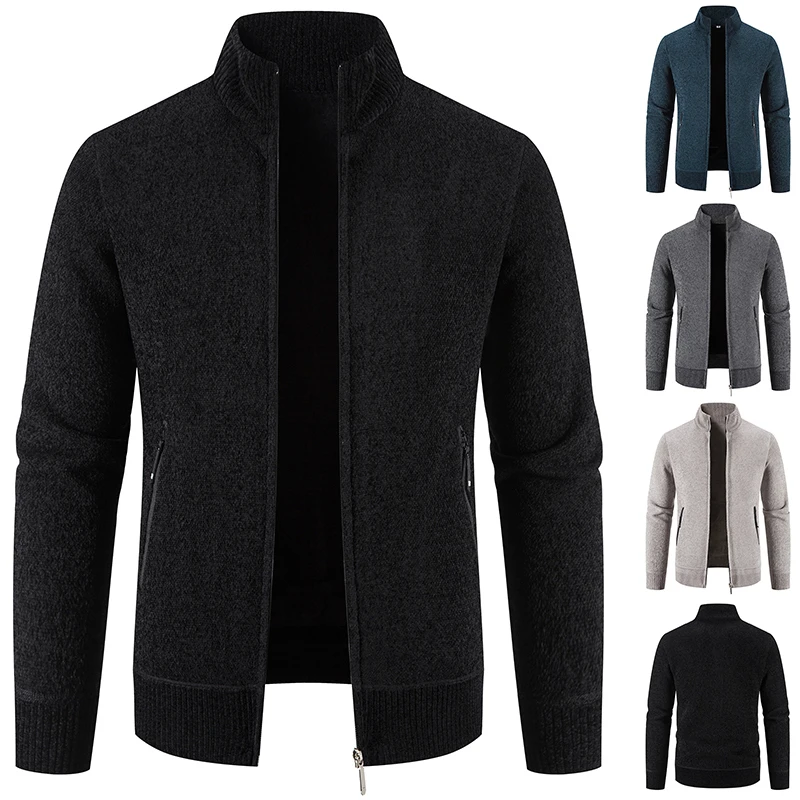 Nova Jaqueta Casual para Homens Camisola Cardigan Slim Solid Stand Collar Zipper Primavera Inverno Grosso Quente Roupas Masculinas