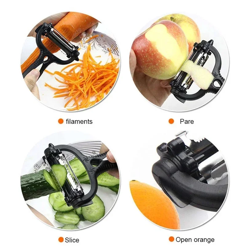 3 in 1 Kitchen Gadget Accessories Potato Peeler Multifunctional 360 Degree Rotary Vegetable Peeler Cutter Melon Planer Grater