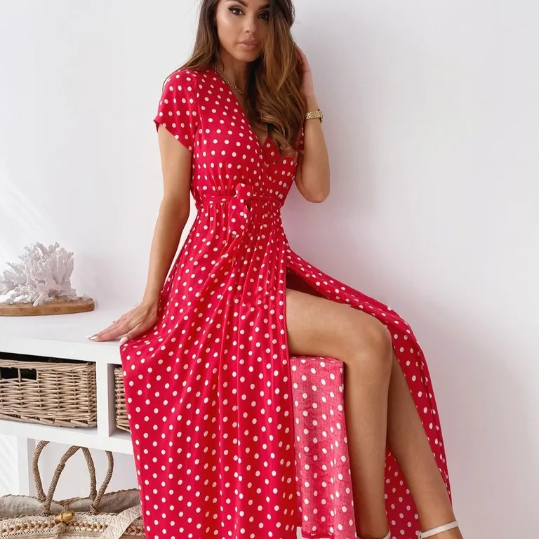 

2024 spring and summer new women's clothing slim-fitting lace-up waist printed polka dot floor-length dress sexy womens clothing