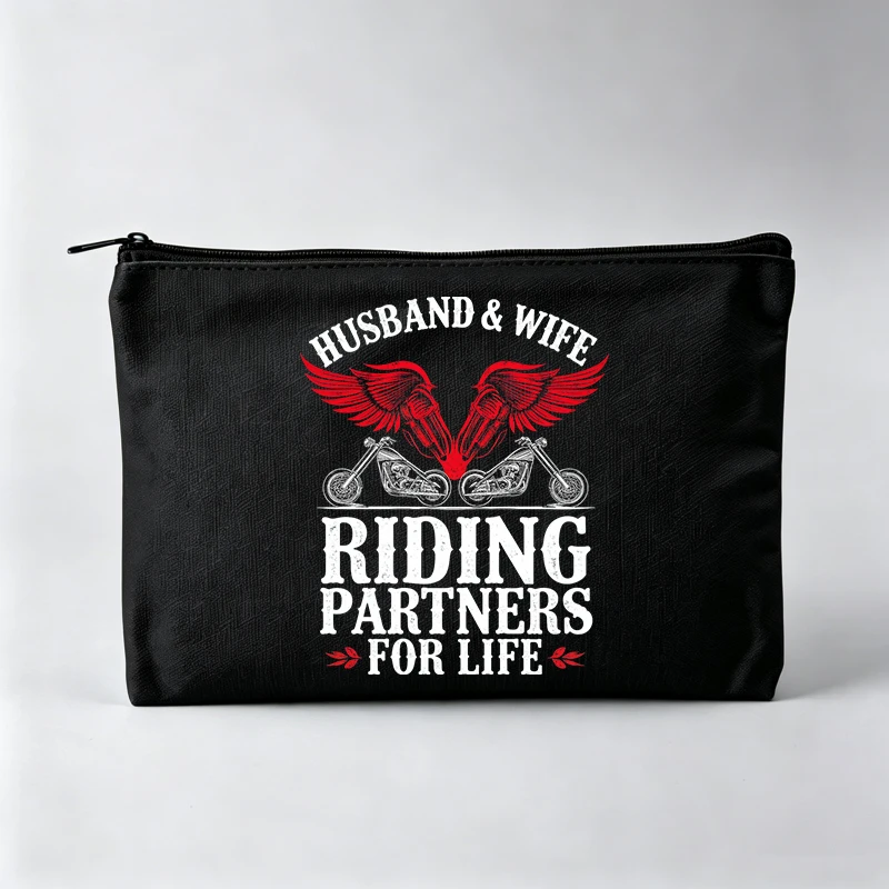 Couple's Motorcycle Graphic Makeup Bag with Typography Print, Zipper Cosmetic Pouch for Daily Use