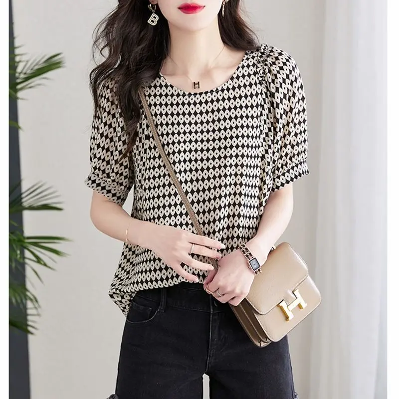 Fashion O-Neck Korean Printed Blouse Women\'s Clothing 2023 Spring New Loose Casual Pullovers All-match Office Lady Shirt