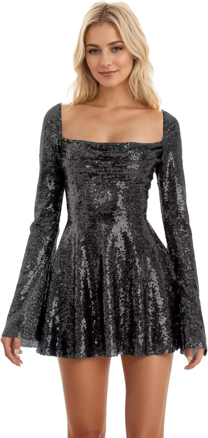 

Youth2025 Fashion Long Sleeved Back To School Dress Sequins,Backless Shiny Party Dance Party Ruffled Cocktail Party Evening Gown