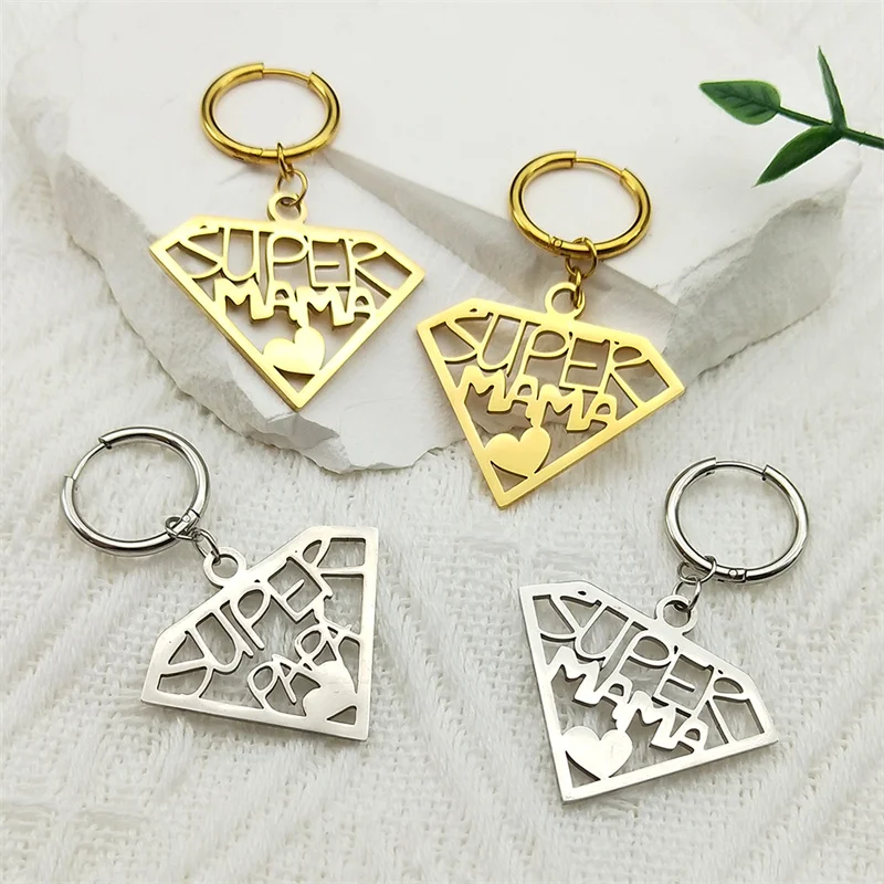 

Super MAMA Letter Hoops Earrings for Women Gold Color Stainless Steel Geometric Trend Female Charm Earring Party Jewelry K3697