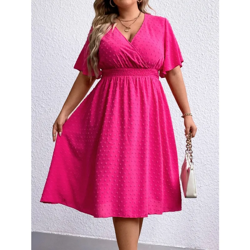 Imagem -04 - Vestidos Casuais Tamanho Grande Femininos Roupa de Verão Cor Sólida Manga Curta com Ponto Elástico na Cintura Elegante Vestido Midi l a 4xl 2023