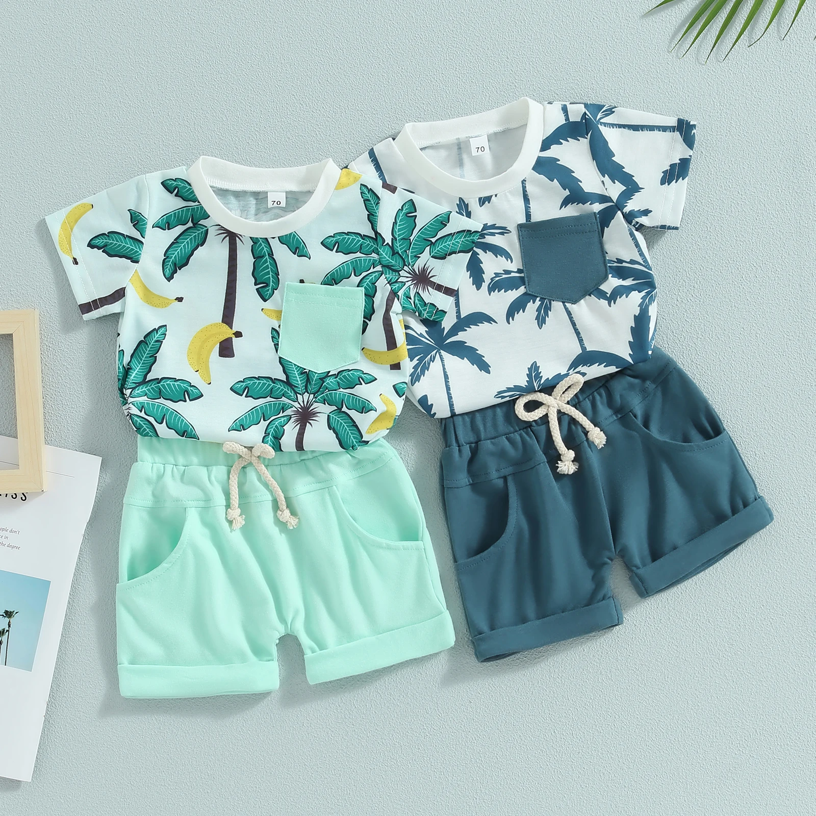 

0-3Y Infant Baby Boy Summer Clothes Suits Tree Print Short Sleeve Crew Neck T-Shirts Tops Elastic Waist Shorts Beachwear Set