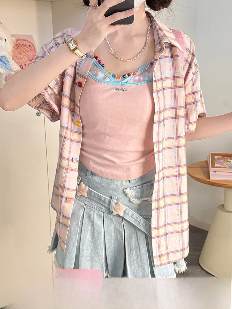 

Sweet Style Pink Plaid Shirt Women's Summer Short Sleeve Top Versatile Loose Fit Cotton Collar Button down by Fabric Pig