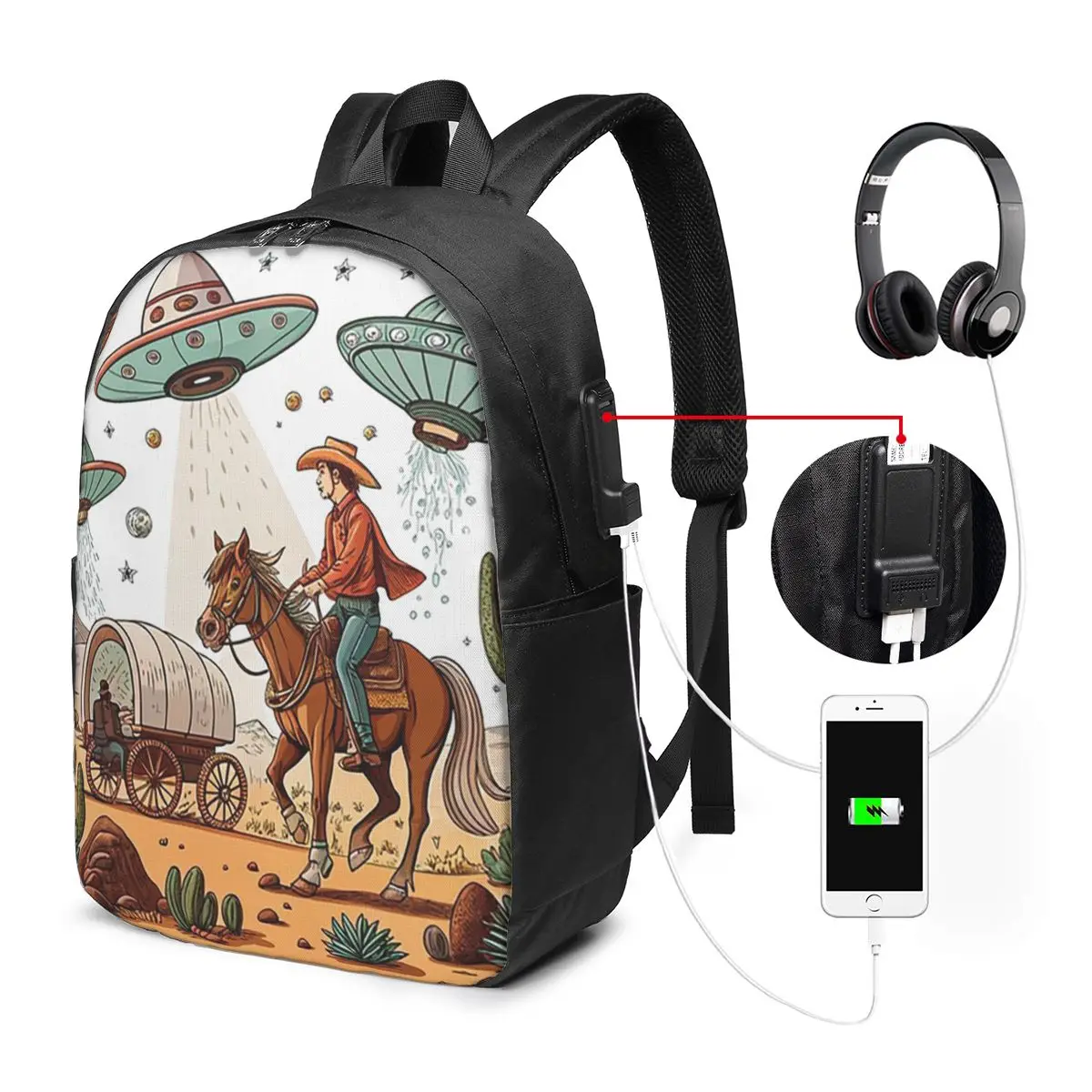 Alien UFO Encounter Cowboy Design Backpack Travel Notebook Bag Computer College Student School Bag Laptop Shoulder Bags
