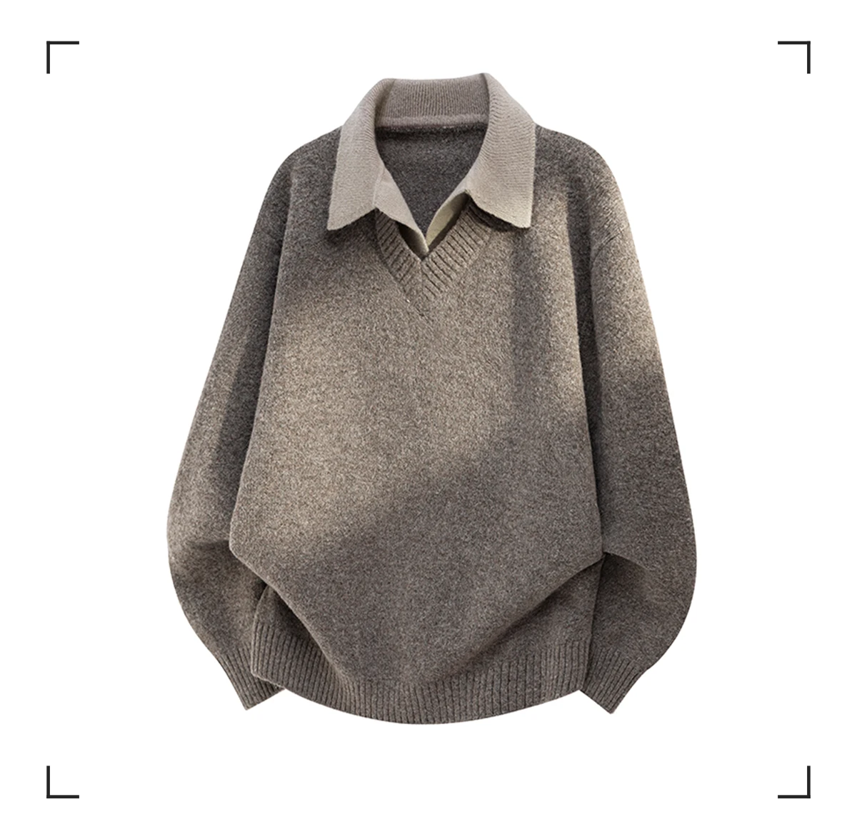 Japanese Style Simple Turn-Down Collar Gray Fake Two-Piece Sweater for Men Autumn Winter New Casual Versatile Brown Knitwear