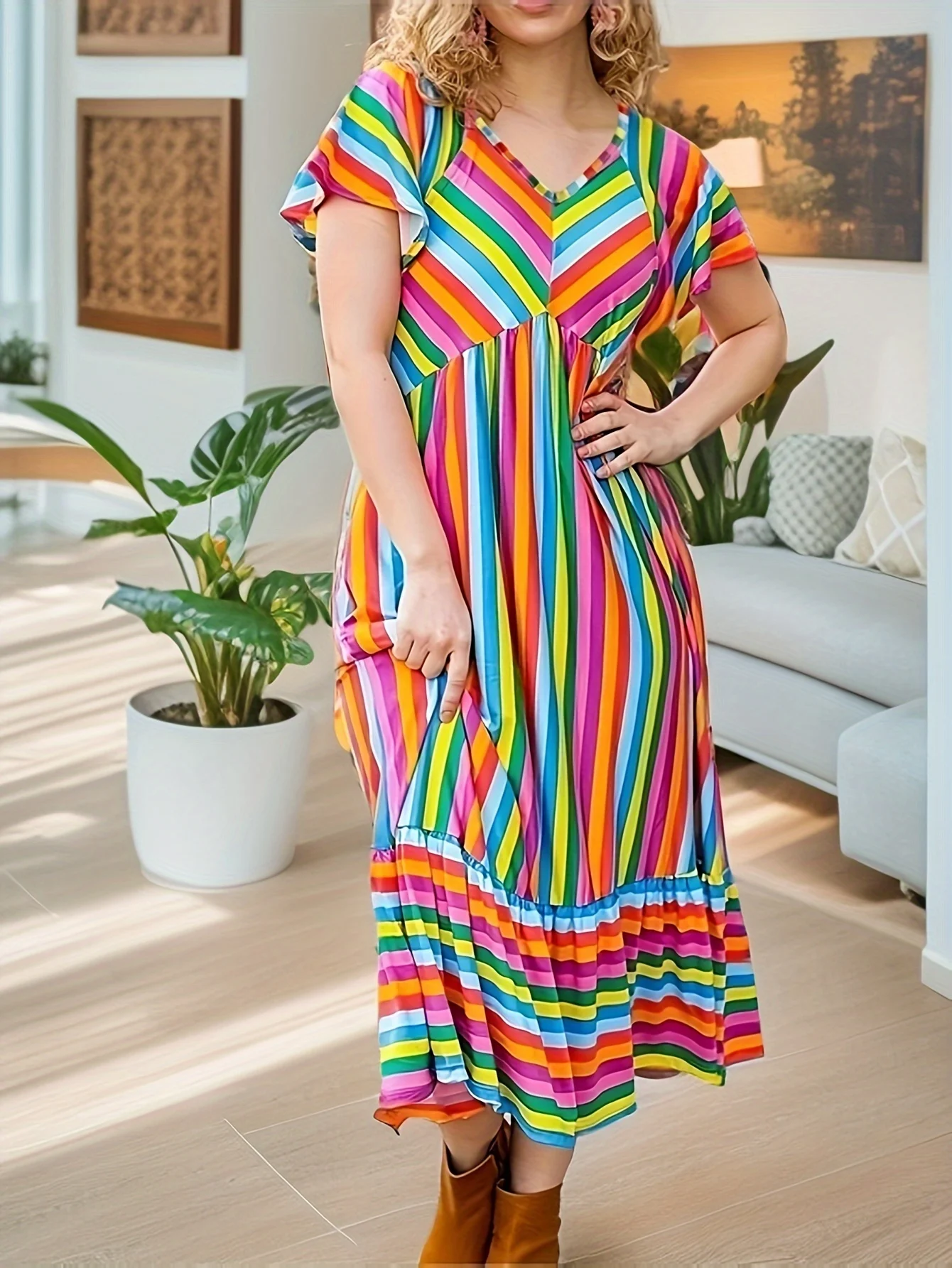 Plus Size1XL-5XL V-neck Rainbow Print Dress Loose Lotus Sleeve A-line Skirt Milk Silk Fabric Elastyczna Wygodna Oddychająca Piłka