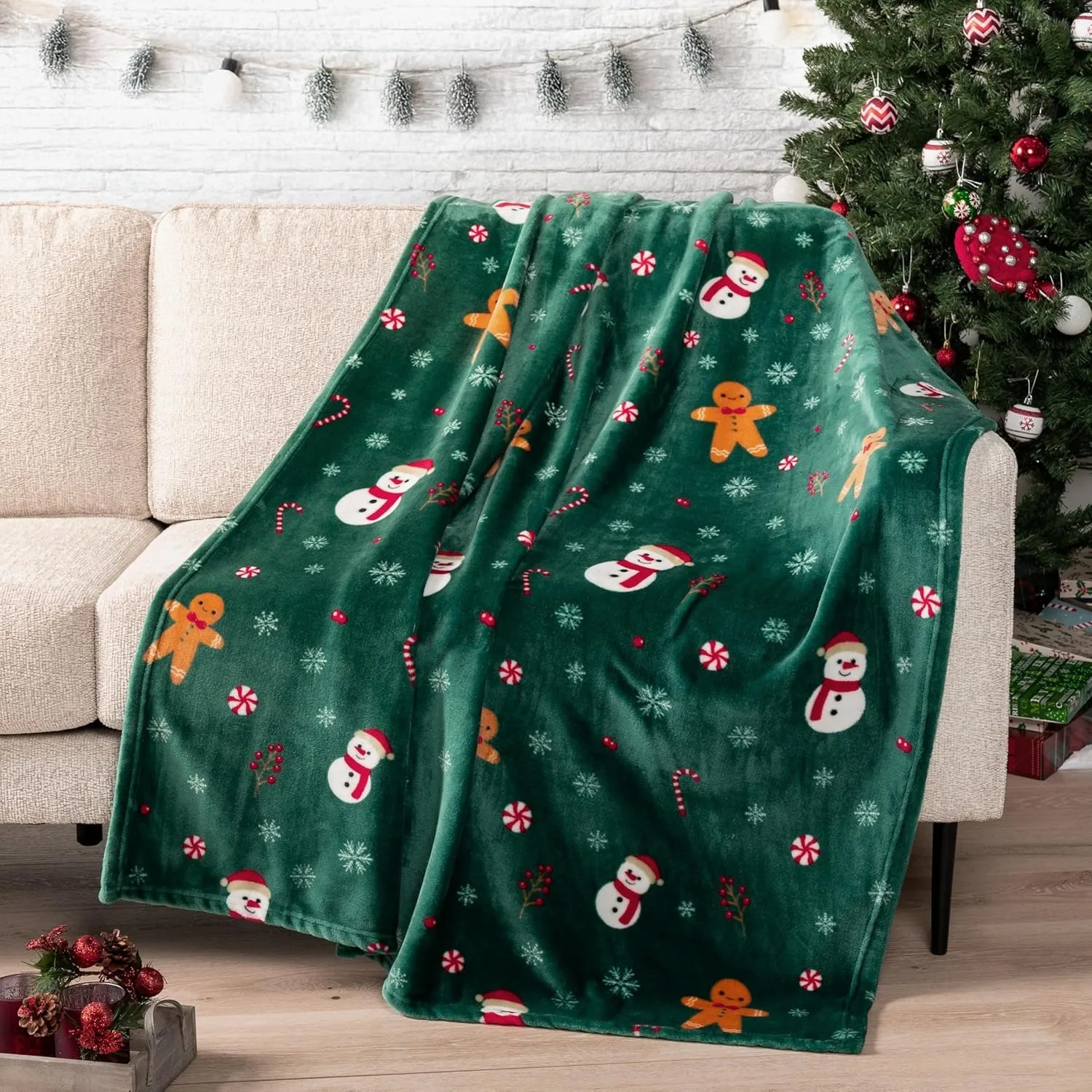 1 x Überwurfdecke mit Weihnachtsthema, Schneemann-Muster, grüner Überwurf, dünne Decke, Geschenke für Couch, Bett, Auto, Zuhause, Camping, alle Jahreszeiten
