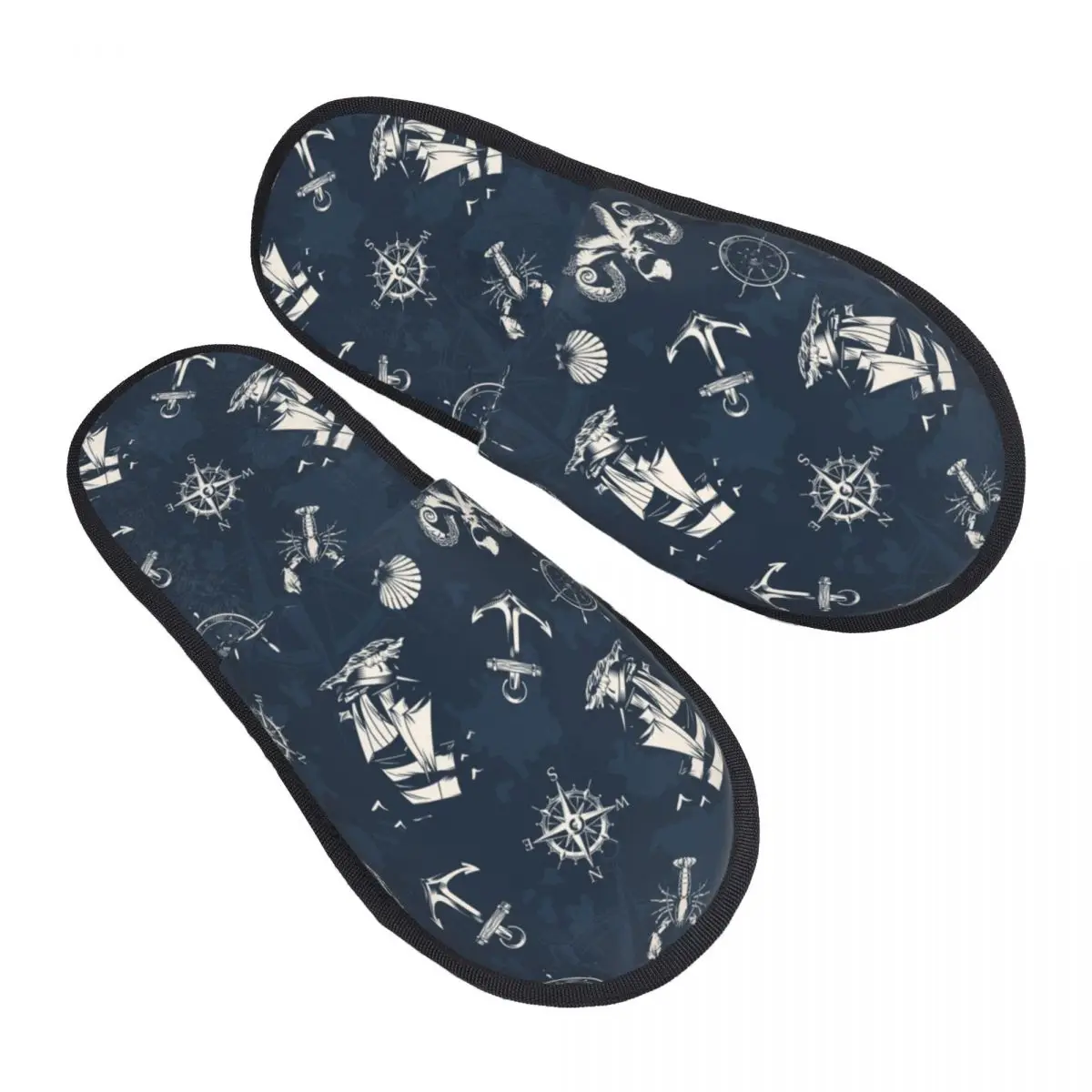 Custom Women Vintage Nautical Symbol House Slippers Cozy Warm Anchor Compass Memory Foam Fluffy Slipper Indoor Outdoor Shoes