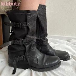 Vintage Knee High Boots Belt Buckle Round Toe Flat with Turned-Over Edge Novelty Leather Solid Color Fashion Elegant Sexy Shoes