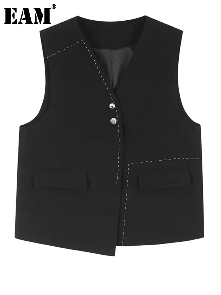 [EAM] Women Black Topstitched Irregular Big Size Elegant Vest New V-collar Sleeveless Fashion Tide Spring Autumn 2025 1DH8434