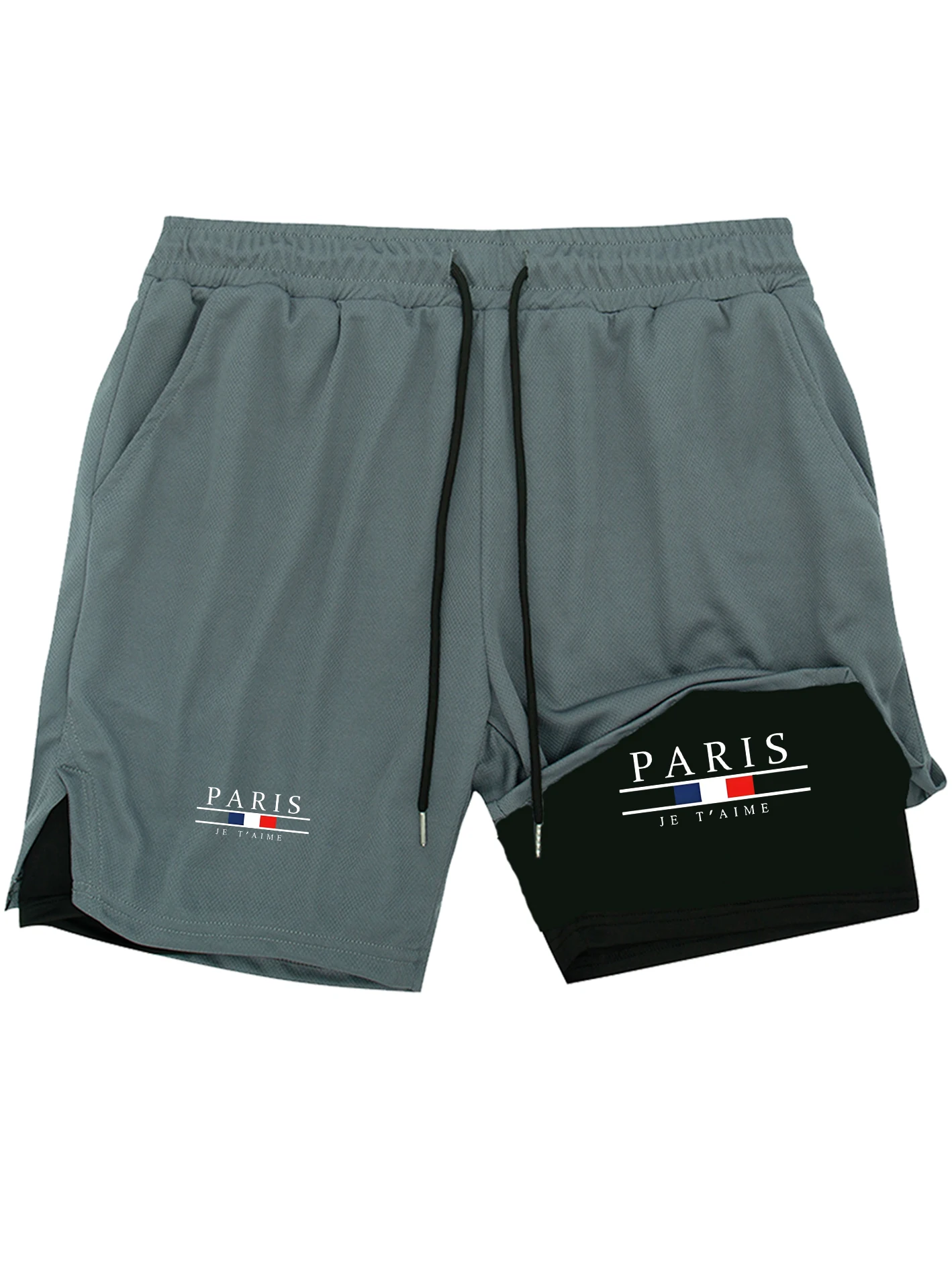 Men's Double Layer Training Shorts Summer Quick Dry Breathable Sports Pants for Gym Running Fitness 5-Point Shorts with Paris Lo