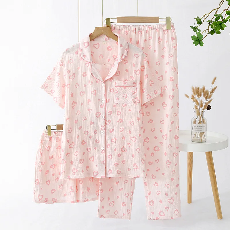 Fashion Autumn 3 Piece 100%Cotton Pajamas Set Short sleeved pants and shorts  Homewear Lapel Collar Loungewear Pijamas