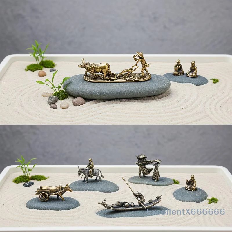 1pc Vintage Home Ornament Collection Of Tea Pet Brass Carving Handholds Metal Crafts Old Farmer And Cow Living Room Decor