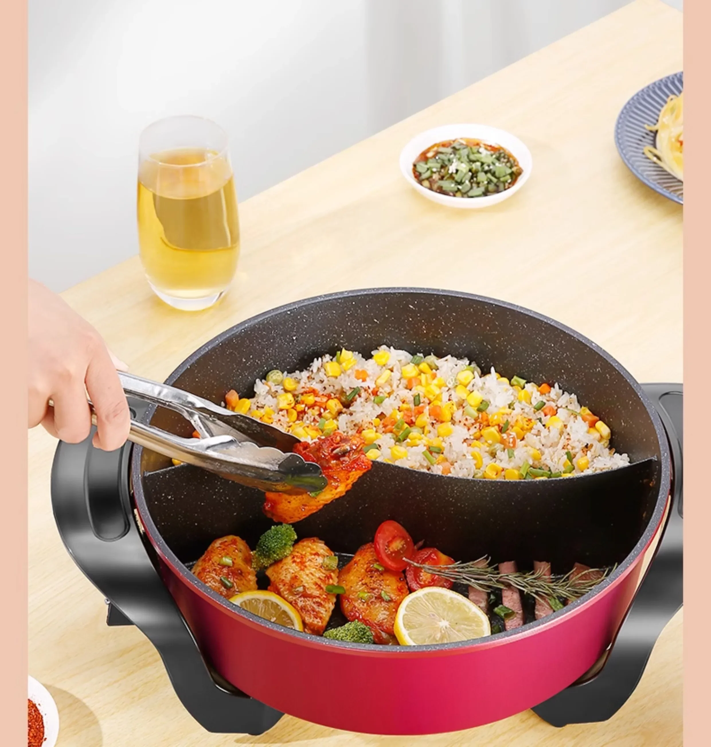 กระติกน้ําร้อนไฟฟ้าในครัวเรือนกระทะทําอาหารแบบบูรณาการความจุขนาดใหญ่หม้อปรุงอาหารไฟฟ้ากระทะไม่ติดหม้อนึ่งคู่