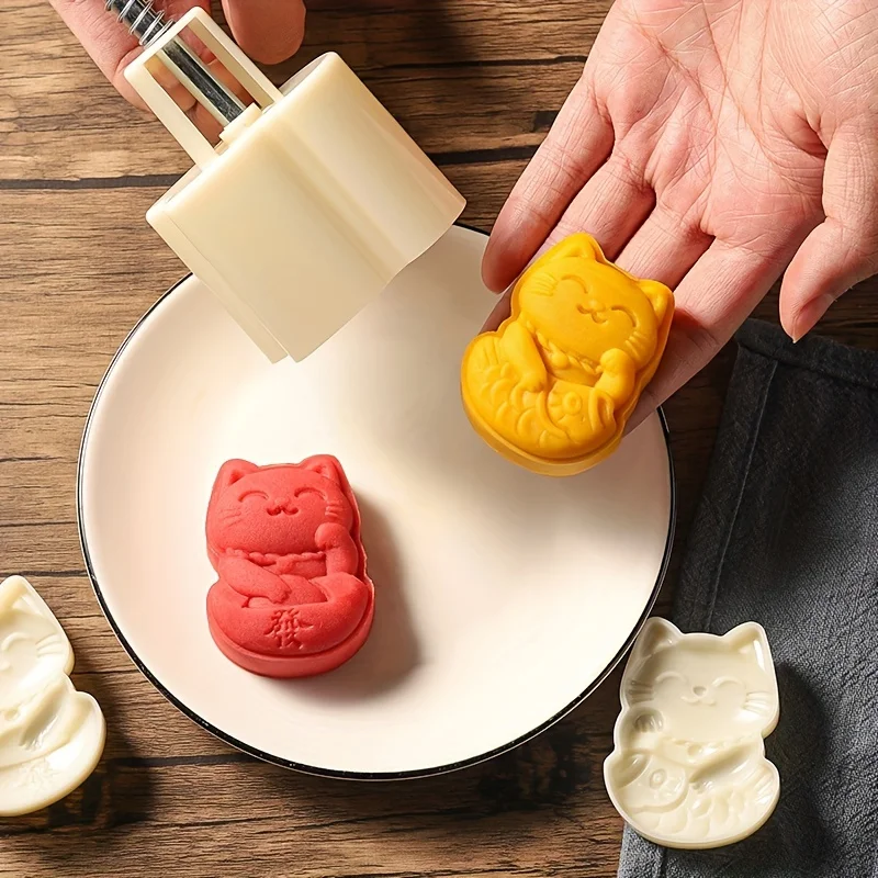 Cute Fortune Cat Moon Cake Mold, Including 1 Mold And 2 Stamps,DIY Hand Press Moon Cake Stamps,Mung Bean Cake,Cookie,Pastry Mold
