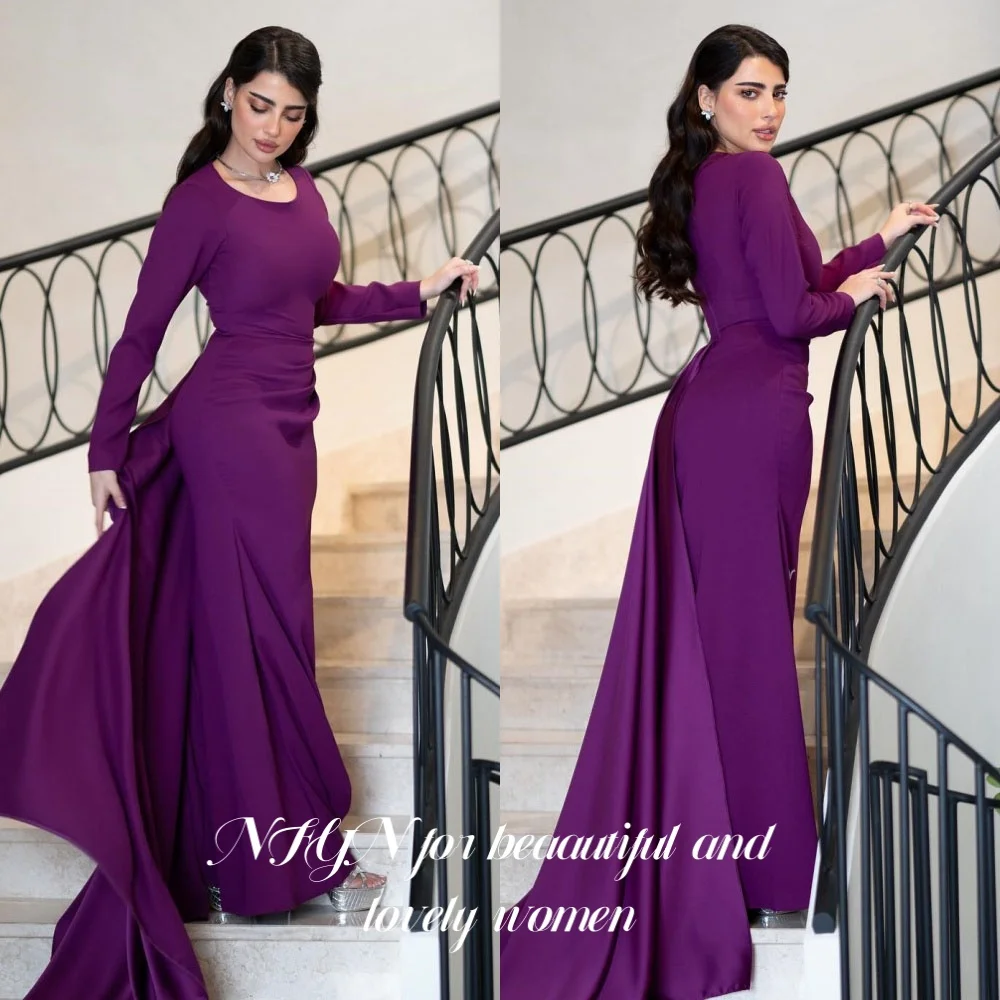 NFYN Purple O-Neck Party Dresses for Party Pleats Formal Dresses Trumpet Stain Ruched Formal Gown Long Evening Dress Customized