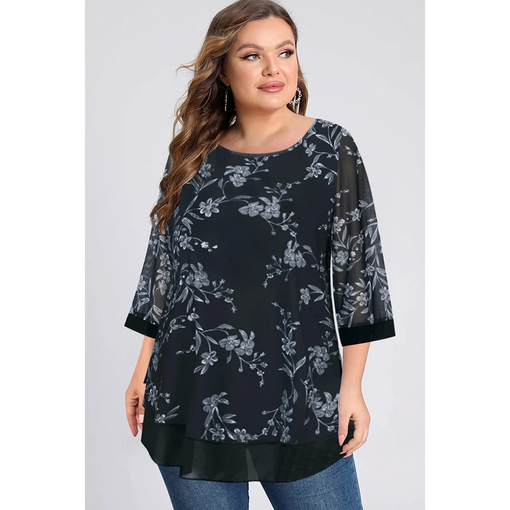 Plus Size Casual Black Mesh Floral Print Double Layer 3/4 Sleeve Blouse Round Tops