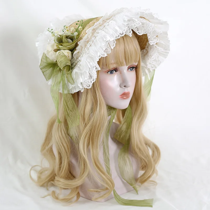 Lolita Headwear Bonette Bow Lace Straw Hat Picnic Basket Bag Girl Spring Summer Hat
