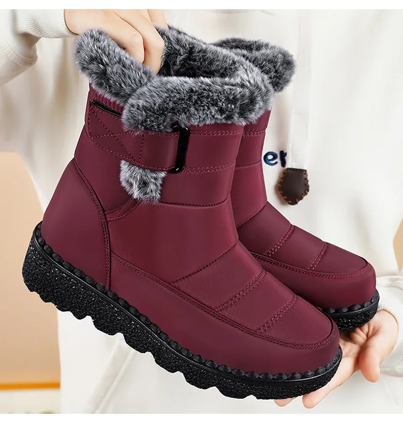 Damen-Schneestiefel bis zur Mitte der Wade, warm, mit Plüschfleece gefüttert, mit Klettverschluss, Pompon-Dekor, rutschfeste dicke Sohle, Winter-Freizeitschuhe für kaltes Wetter. – Detail 15