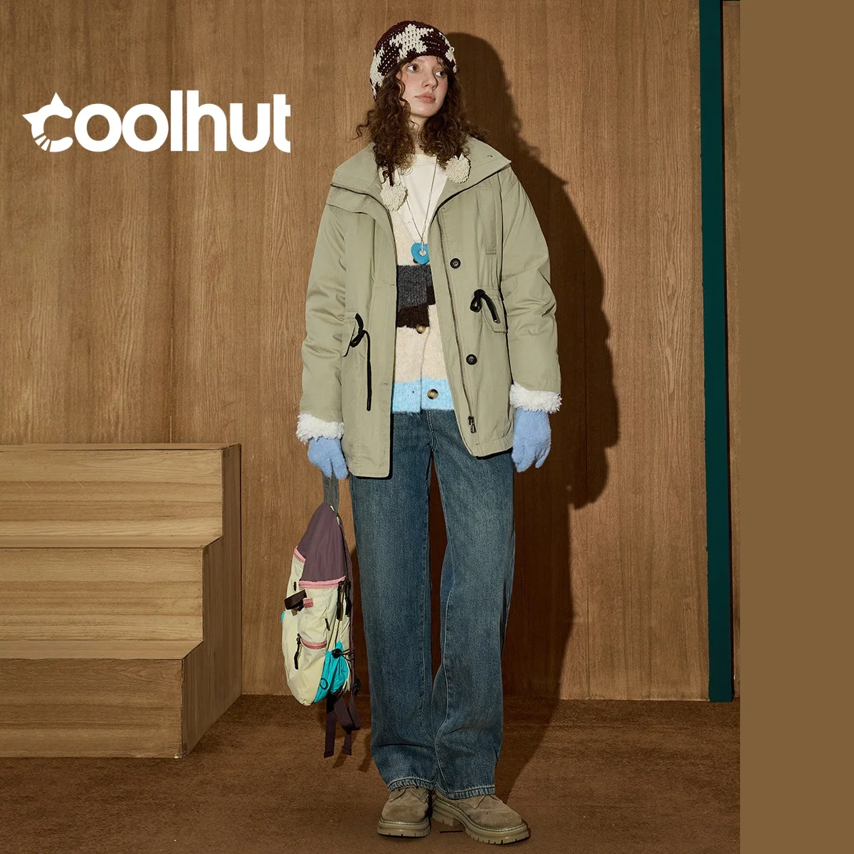 COOLHUT 2025 الشتاء المرأة 90% أسفل فائدة سترة الرباط الخصر المنتفخ مصممة ملابس العمل صورة ظلية مبطن سترة مرتفعة